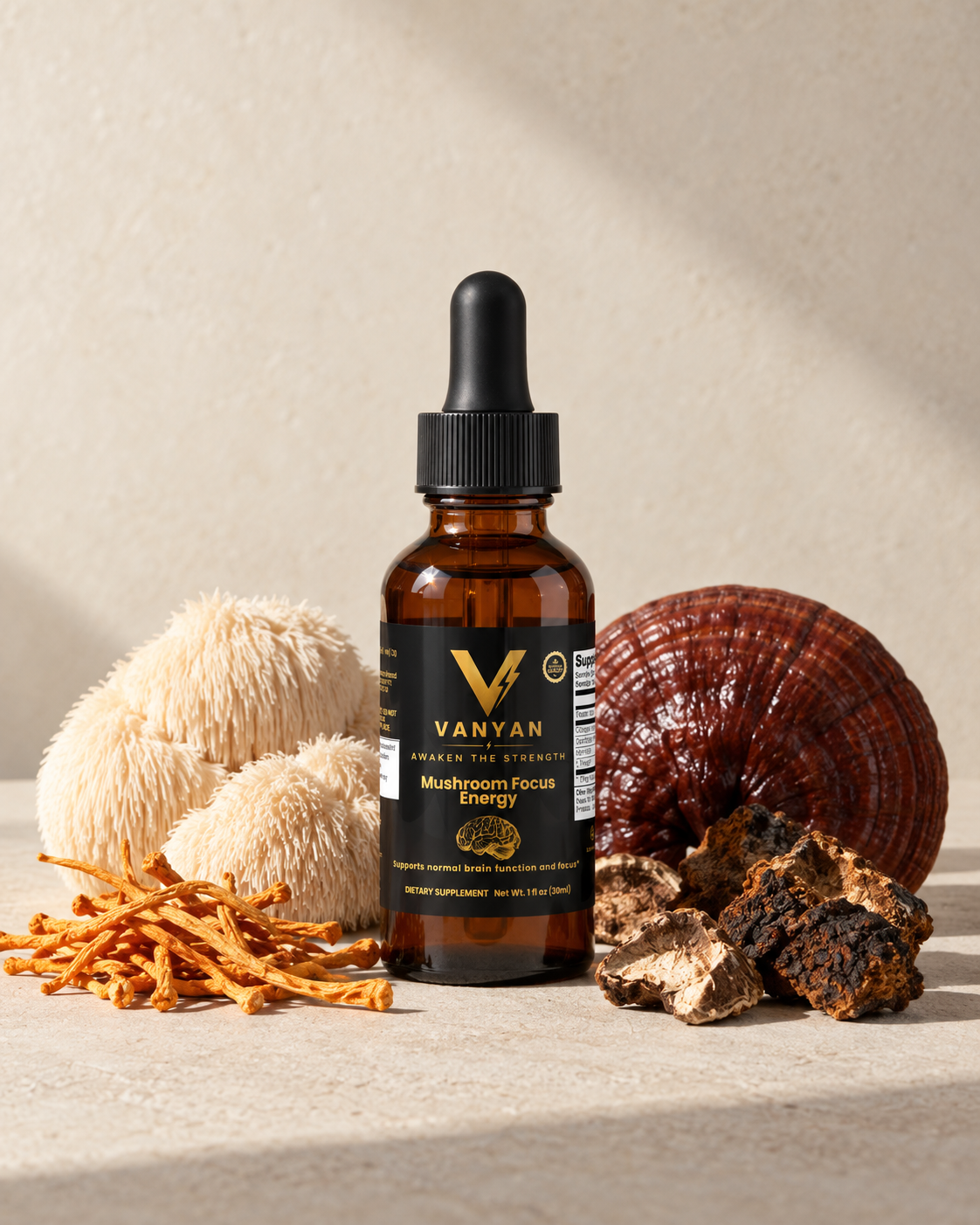 VANYAN Mushroom Focus Energy dropper on a work desk