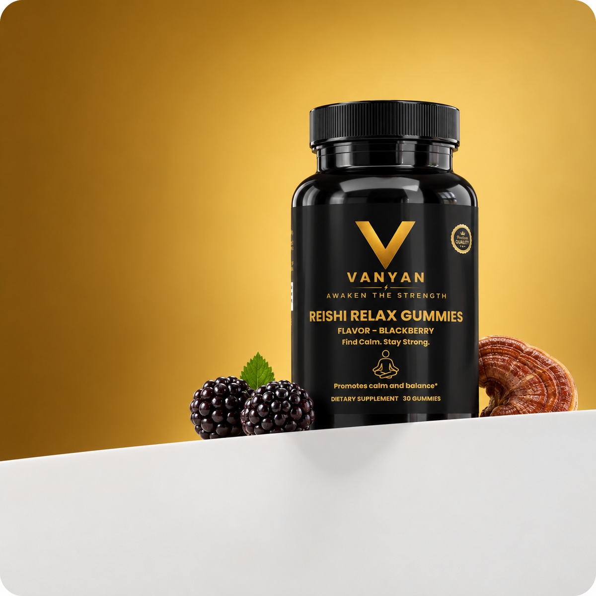 Evening wind-down scene with VANYAN Reishi Relax Gummies