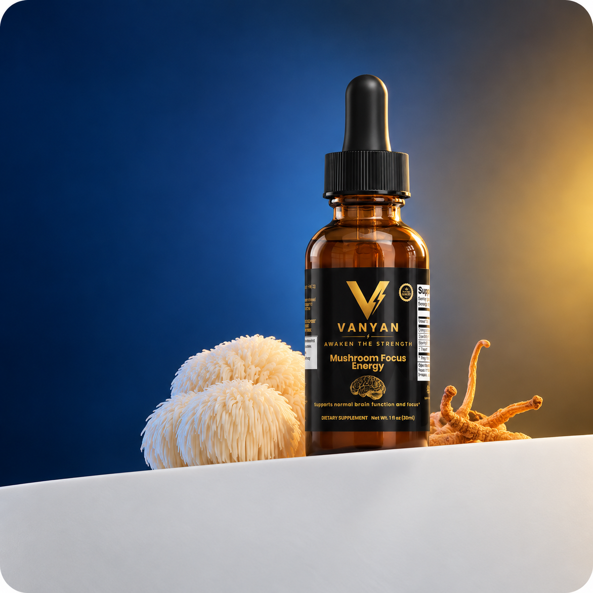 Calm desk scene with the VANYAN Mushroom Focus Energy dropper